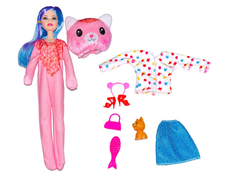 Muñeca Beauty Reveal con disfraz de gato rosado y accesorios