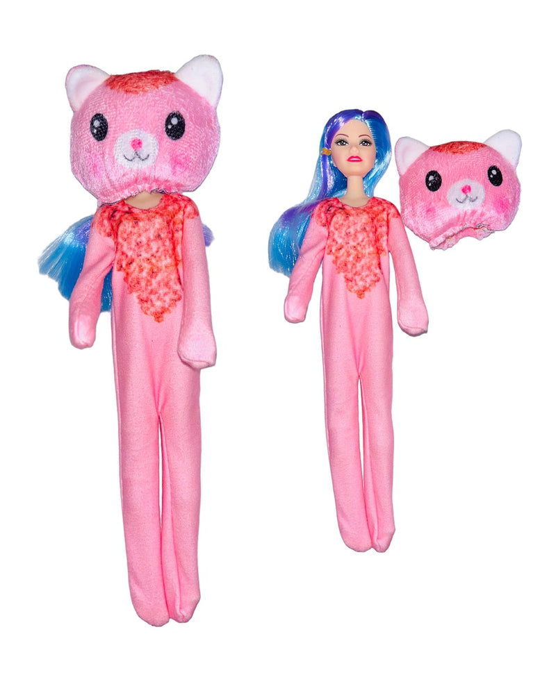 Muñeca Beauty Reveal con disfraz de gato rosado y accesorios