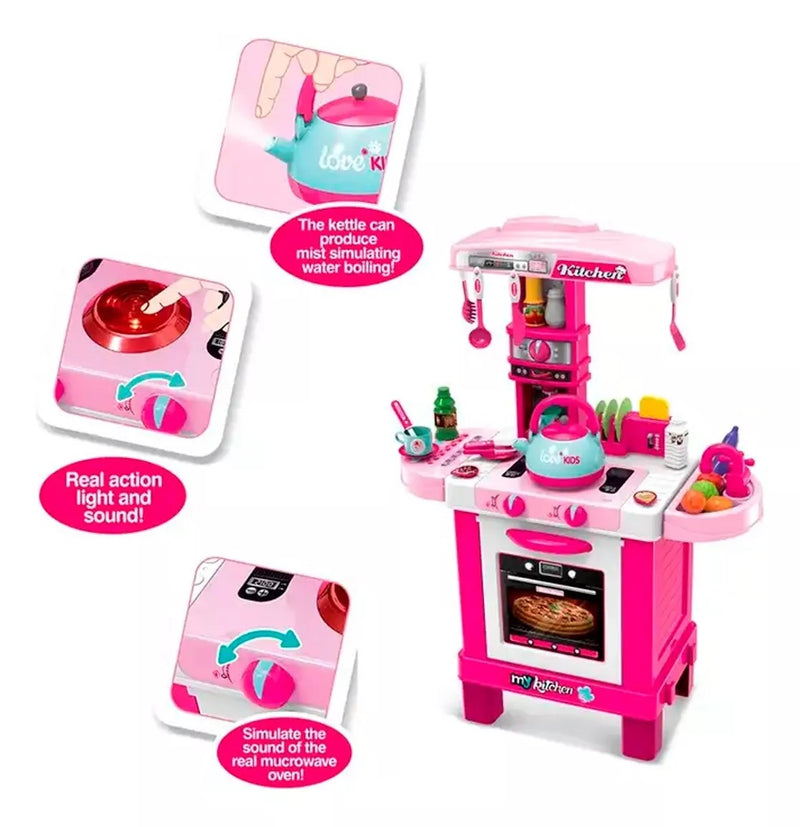 Cocina infantil con accesorios, luces y sonido, tetera con vapor