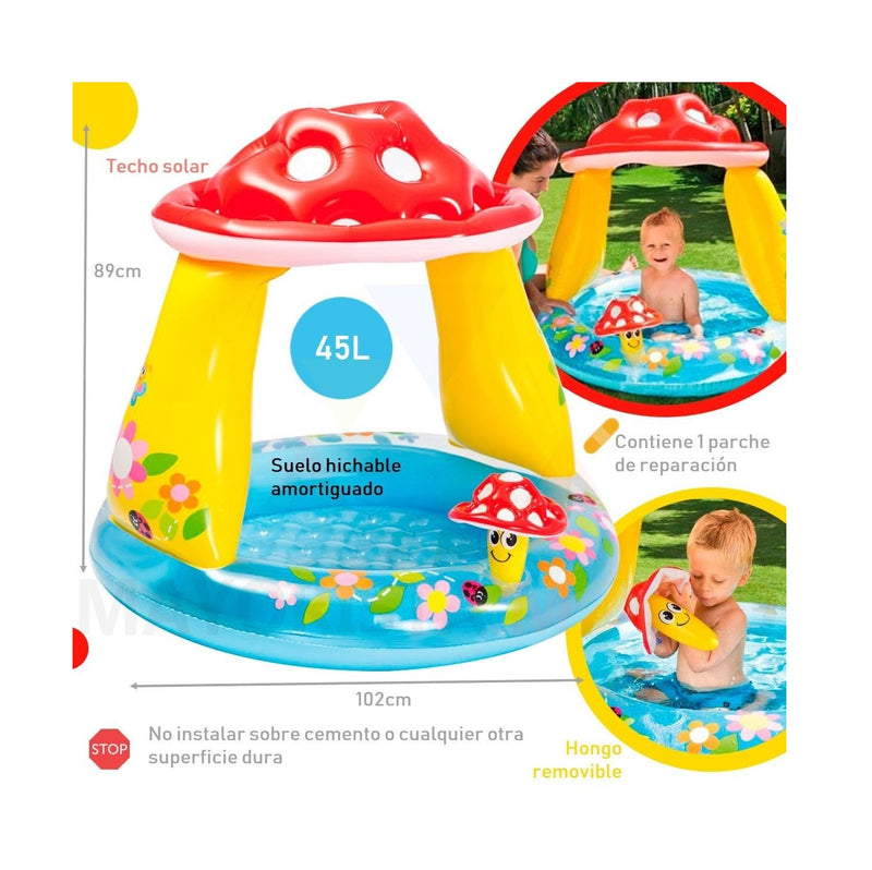 Piscina inflable con techo diseño hongo para bebé + inflador manual